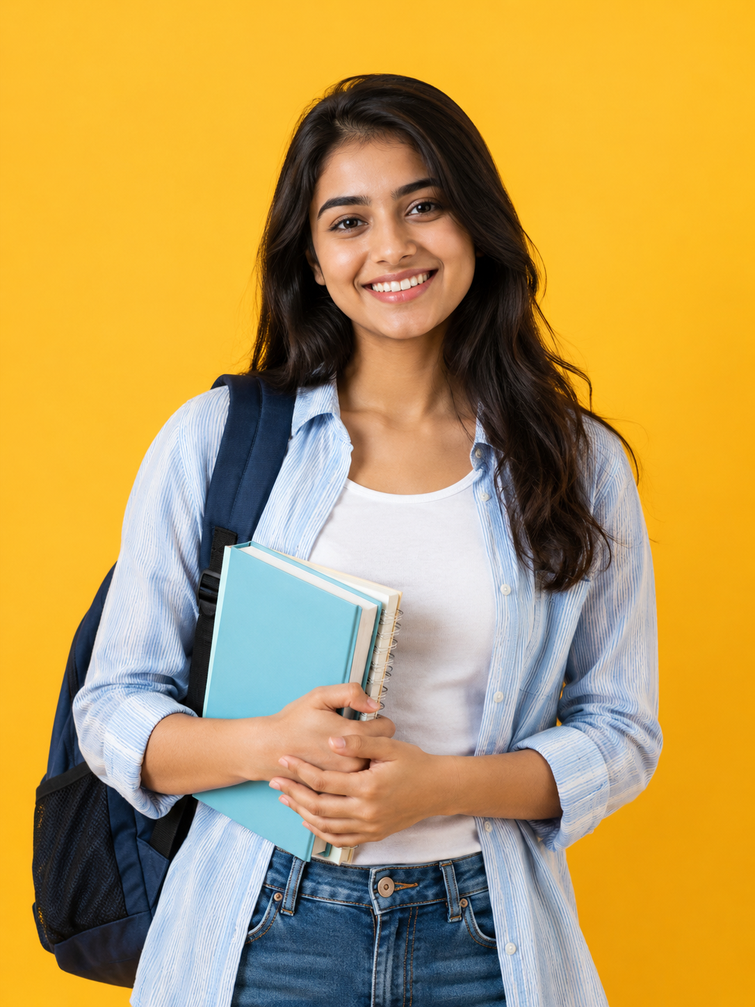 Smiling student holding her notebooks
